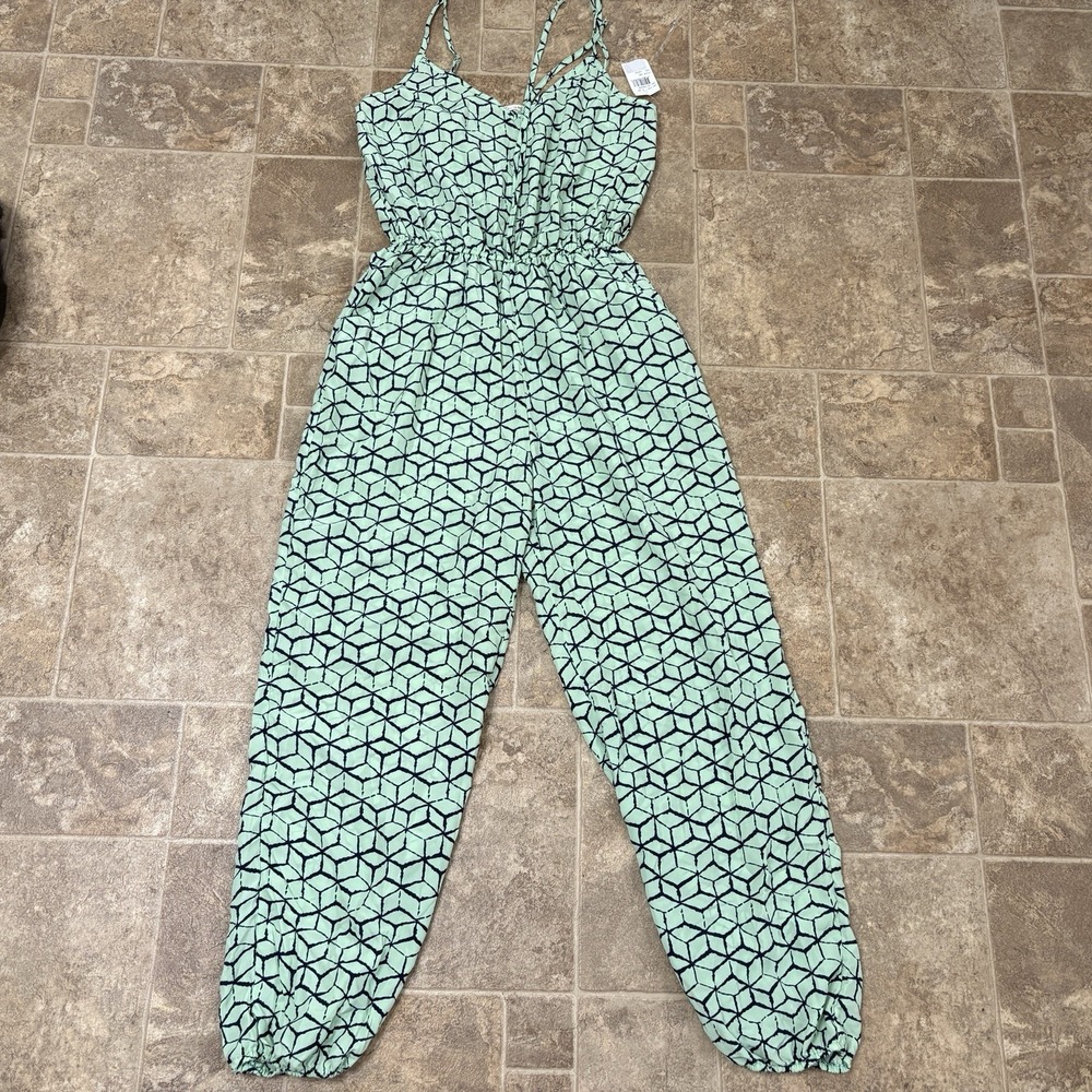 Liberty Love Geometric Print Jumpsuit Romper L Mint Green Artsy Elastic Ankle